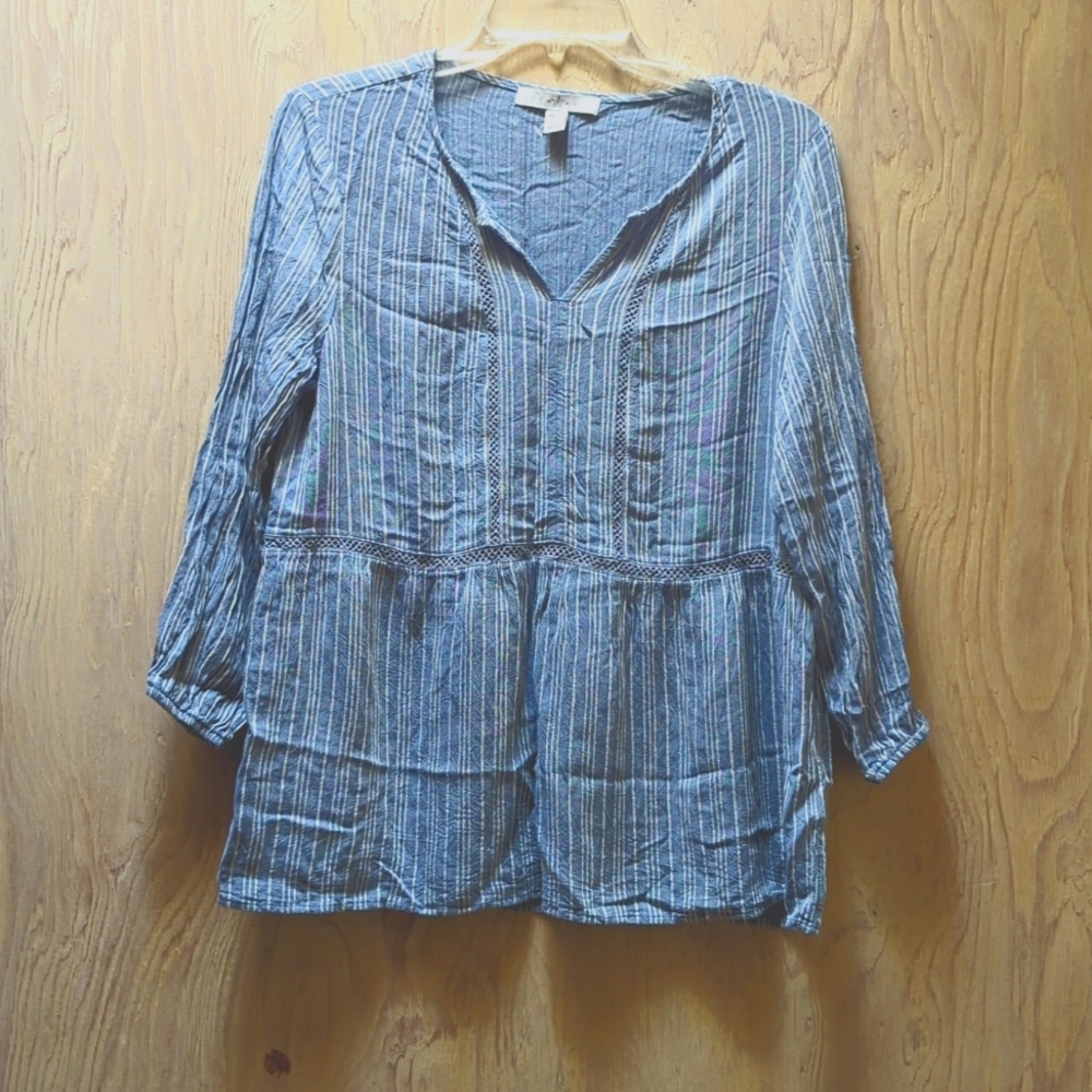 Fever Womens Boho 3/4 Sleeve Blouse in Blue Whistler’s, Size Medium NWOT